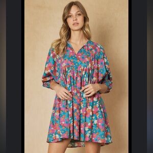 ENTRO Floral Puff Sleeve Babydoll Mini Dress Pockets L Retro Boho Colorful NWT